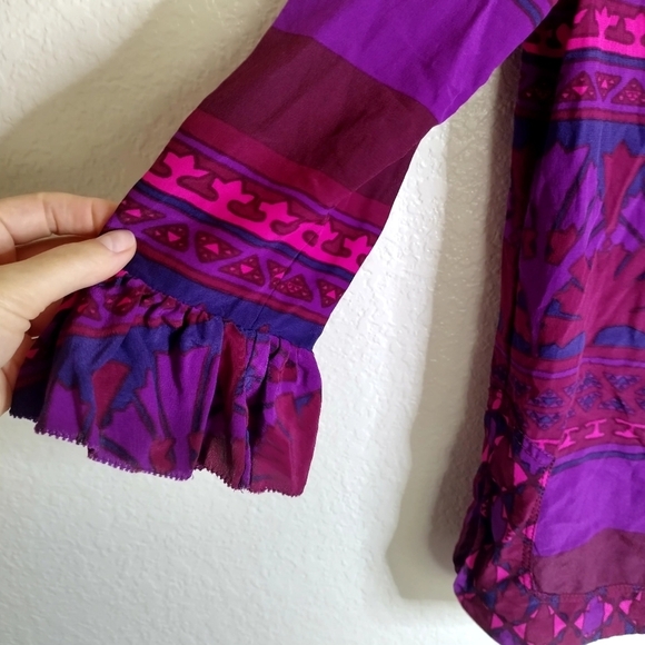 Tory Burch Silk Geometric Print Ruffle High V Neck 3/4 Tunic Blouse Top Sz 6 - Picture 5 of 12